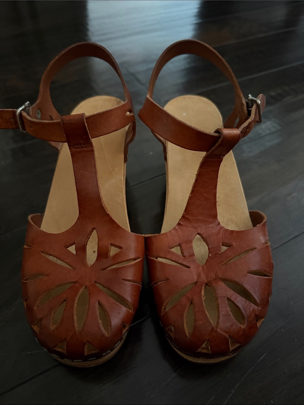 Swedish Hasbeens Chestnut Leather Floral Cutout T‑Strap Sandals